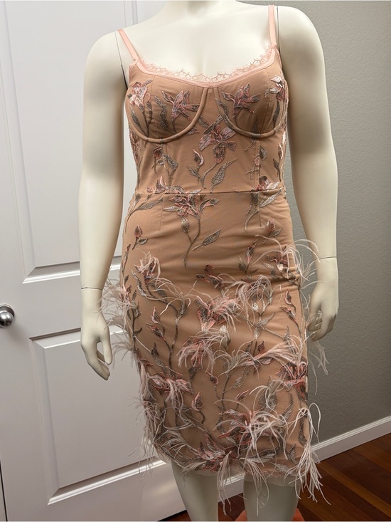 Marchesa Notte Dresses & Skirts - Marchesa Notte Feather-Trim Embroidered Midi Dress in Blush - Size 16 NWT